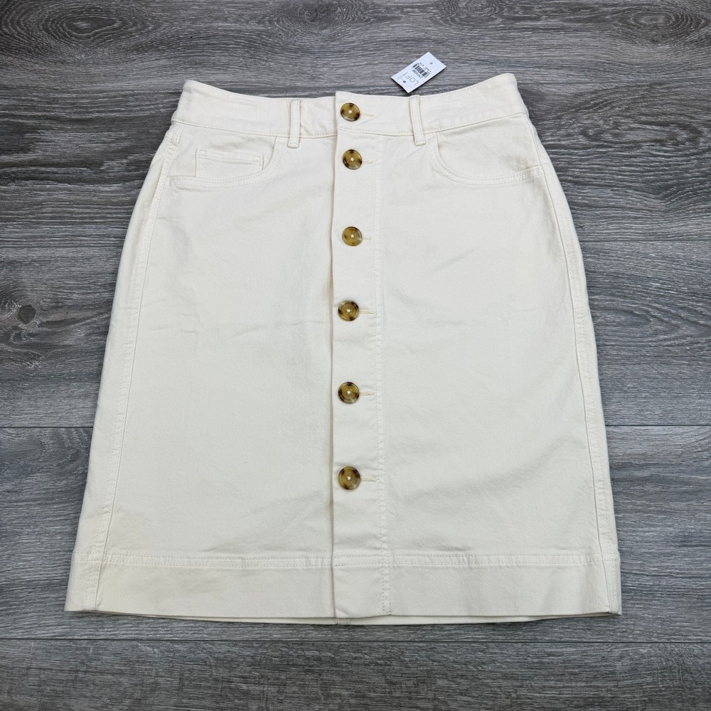 Ann Taylor LOFT Skirt Women 6 Ivory Denim A Line Button Front Stretch Casual NWT